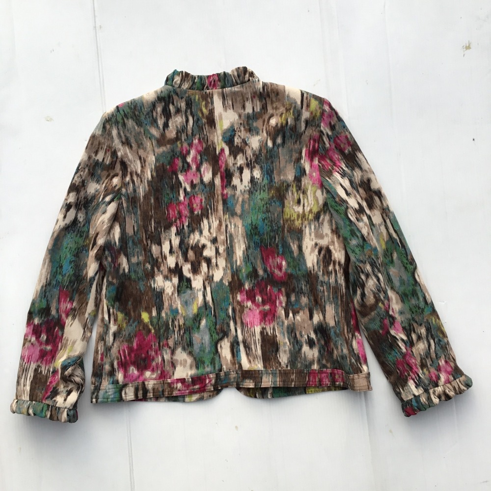 RQT Womens Corduroy Zip Up Jacket Large Abstract Floral Ikat Ruffle Trim Brown